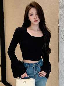 DAZY Của phụ nữ Màu thuần Vòng cổ Sọc Tay áo chuông Áo len - màu đen - Xem 5