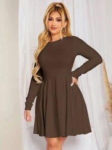 SHEIN SXY Vestido De Manga Larga De Color Sólido - Marrón - Ver 3