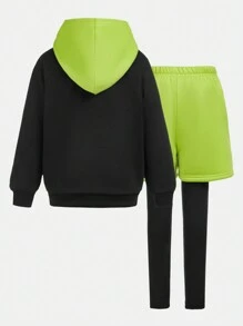 SHEIN Boys' Color-Block Hooded Sportswear And 2 In 1 Pants Outfit Set