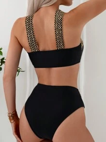 SHEIN Swim 女士露背比基尼套装 嘉年华 夏季 - 黑色 - 查看 2