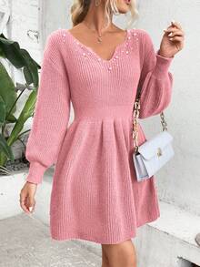 SHEIN Clasi V-neck Beaded Lantern Sleeve Sweater Dress - Baby Pink - View 5