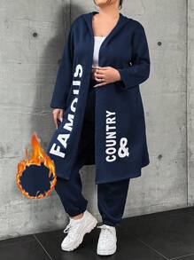 Calvaya Plus Size Women's Letter Printed Hooded Fleece Jacket And Pants Set - Navy Blue - View 1