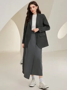 Seusyu Ladies' Lapel Collar Long Sleeve Blazer - Dark Grey - View 3
