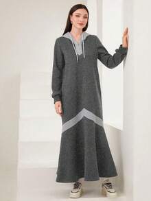 Seusyu Của phụ nữ Màu sắc Tương phản Dây rút Váy Hoodie - Màu xám đen - Xem 4