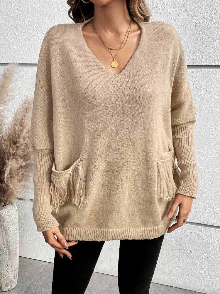 Solid Color V-Neck Drop Shoulder Knit Pullover Fall Winter Sweater