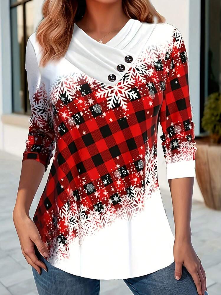 EMERY ROSE Camiseta gráfica de mujer con estampado de copos de nieve y cuadros - Rojo - Ver 1