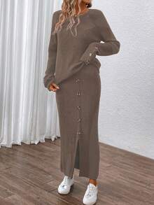 SHEIN Clasi Button Decoration Raglan Sleeve Sweater And Knitted Skirt Set - Mocha Brown - View 6