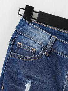 SHEIN Tween Boys' Ripped Frayed Blue Denim Shorts, For Spring And Summer - Dark Wash - View 4