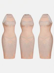 Chiquease Women's Slim Fit Beaded Halterneck Bodycon Dress - Khaki - View 1