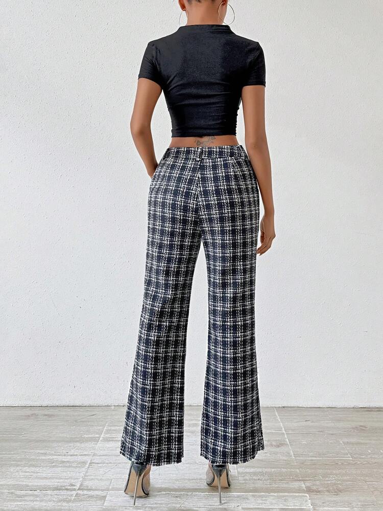 Plaid Flared Pants With Slanted Pocket