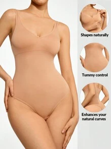 SHAPORA 純色超修身連體衣 - 杏色 - 查看 1