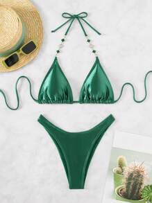 Swim SXY Summer Beach Women's Metallic Texture Halter Neck Bikini Set - Green - View 5