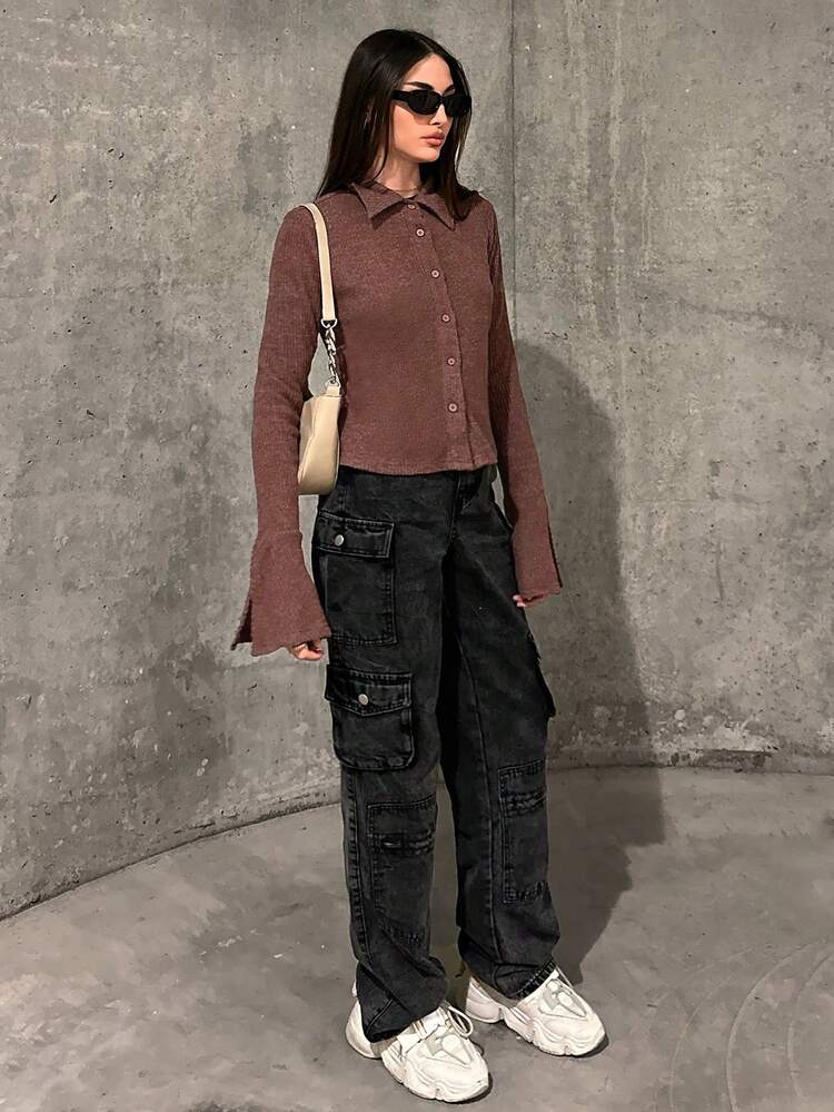 Women's Lattice Collar Long Sleeve T-shirt