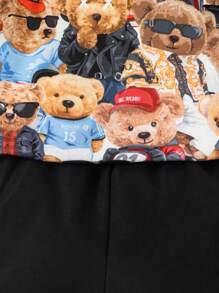 SHEIN Young Boys' Cartoon Print T-Shirt, Solid Color Vest And Cargo Shorts Set With Bear Detail