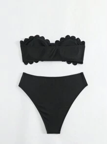 SHEIN Swim 夏日海滩贝壳边褶皱抹胸比基尼套装婚礼 - 黑色 - 查看 5