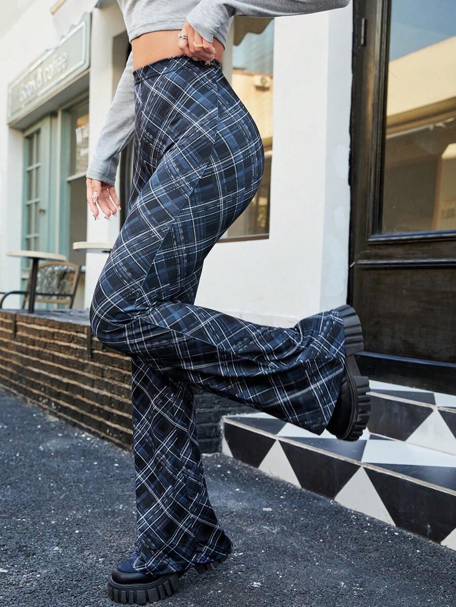 SHEIN EZwear 格紋高腰喇叭褲