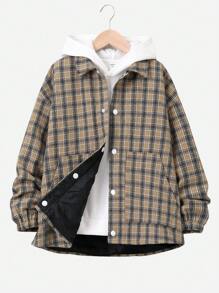 SHEIN Tween Boys' Casual Checkered Collar Thick Cardigan Jacket With Zipper, Woven Fabric