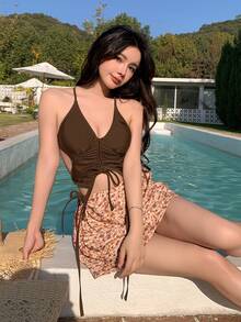DAZY Tankini de traje de baño con parte trasera abierta y cordón acanalado para el verano y la playa - Café integral - Ver 6