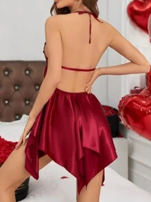 蕾絲拼接緞面睡衣套裝 - 酒紅色 - 查看 6