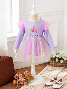 Infant Girls' Cartoon Print Mesh Splice Bodysuit Dress - Black - View 1