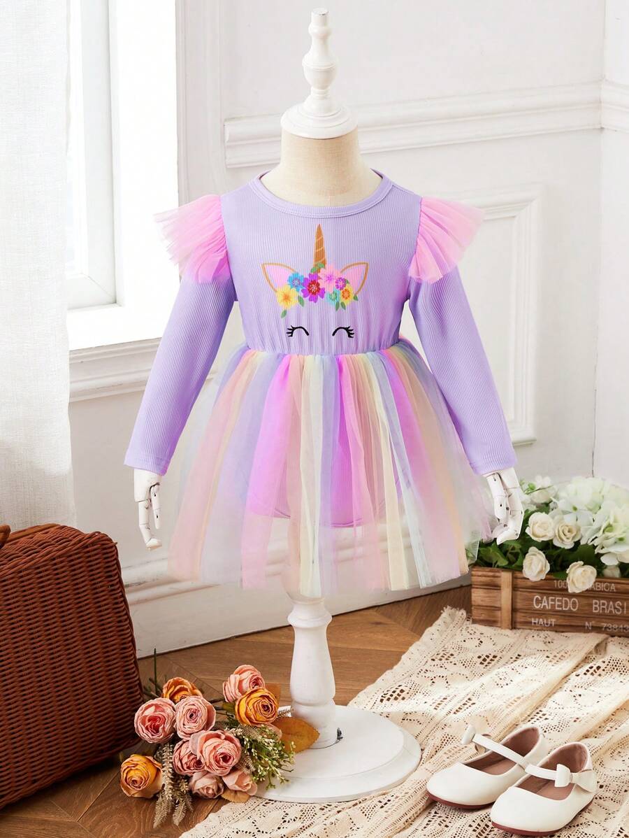 Infant Girls' Cartoon Print Mesh Splice Bodysuit Dress - Black - View 1