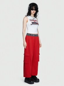 ROMWE Street Life Women Sweatpants Kantong Tape Huruf - Navy Blue - View 5