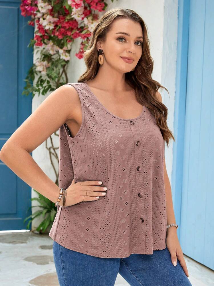 Plus Size Women's Pink Button Embellished Tank Top For Summer