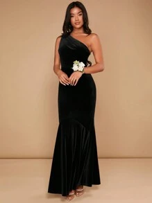 SHEIN Belle 女士纯色不对称领口美人鱼礼服黑色优雅舞会晚会婚礼宾客礼服，适合毕业典礼、晚宴派对礼服 - 黑色 - 查看 3