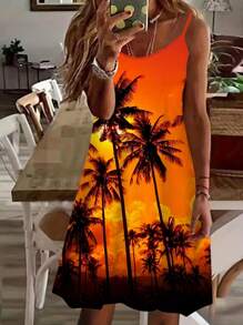 Plus Size Women's Tropical Palm Tree Print Spaghetti Strap Dress