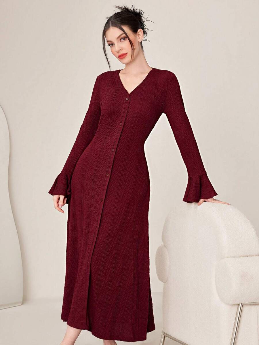Modelyn 勃艮第红色纯色女式喇叭袖连衣裙超长款女式晚礼服秋季女装