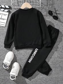 SHEIN 年轻女孩卡通印花休闲两件套 - 黑色 - 查看 2