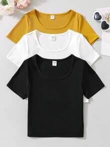 SHEIN Lot de 3 T-shirts manches courtes de couleur unie pour préadolescentes, simple et élégant, doux et respirant, disponible en plusieurs couleurs pour le port quotidien