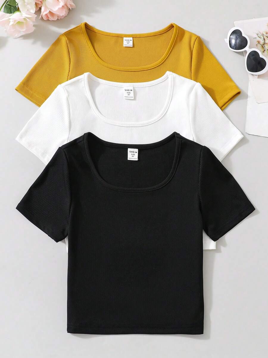 SHEIN Lot de 3 T-shirts manches courtes de couleur unie pour préadolescentes, simple et élégant, doux et respirant, disponible en plusieurs couleurs pour le port quotidien