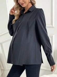 SHEIN Maternity Solid Color Button-front Casual Shirt - Black - View 2