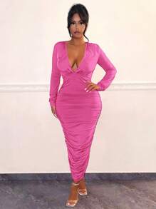 SHEIN SXY Women's Solid Color Deep V-neck Pleated Dress - Pink - View 1