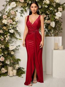 SHEIN Belle Burgundy Red Deep V-Neck Sleeveless Bridesmaid Dress With Waist Knot Detail, Wedding Guest Dress Party Dress Formal Dress Evening Dress,Gown
