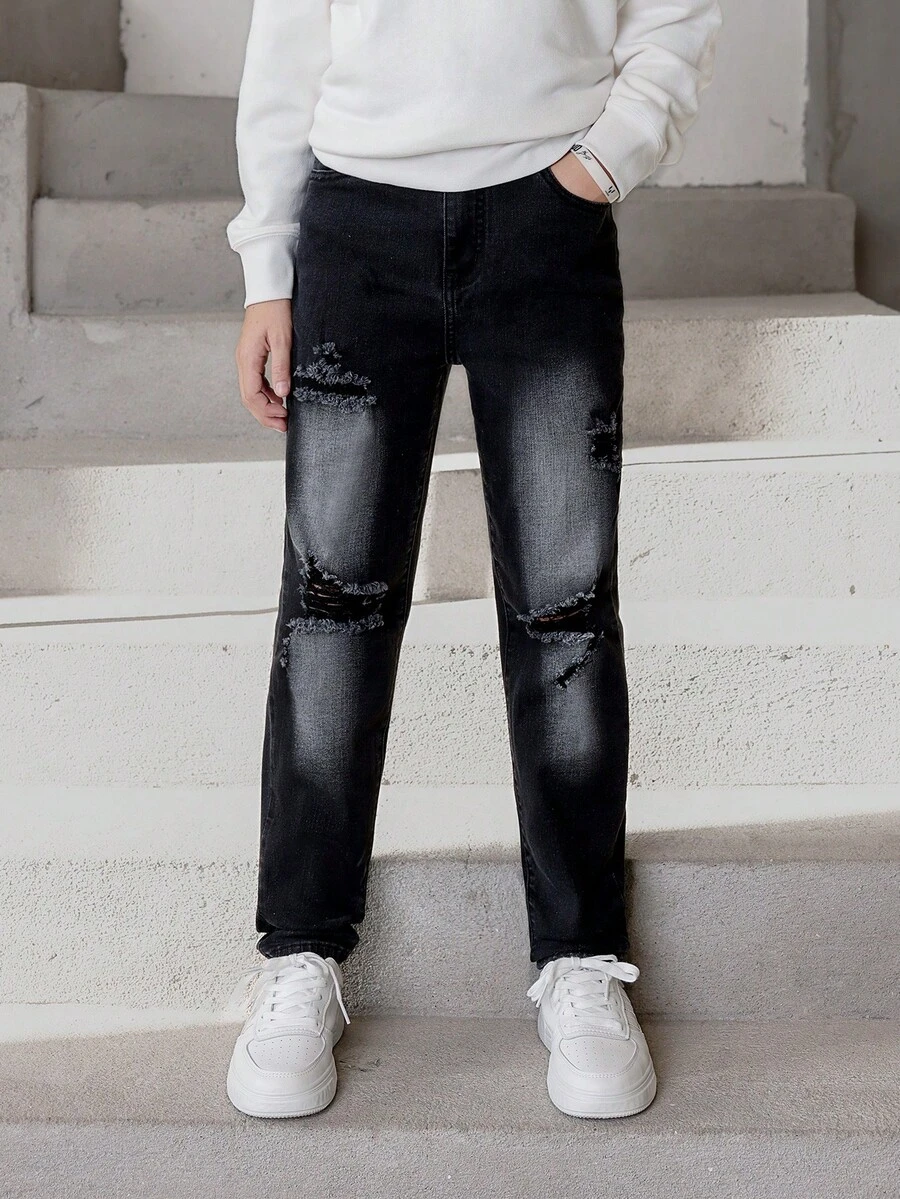 Cậu bé Tween Rách Denim mùa giặt Quần jean - màu đen - Xem 1