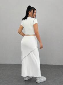 SHEIN Privé 大尺寸拼接細部t卹+修身裙套裝 - 白色 - 查看 2