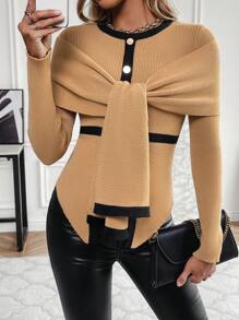 SHEIN LUNE 女士前结不对称下摆毛衣 - 卡其色 - 查看 1