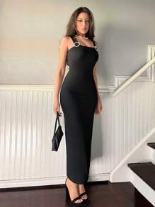 SHEIN Privé Women's Pearl & Diamond Embellished Spaghetti Strap Dress - Black - View 3