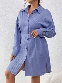 SHEIN Essnce 大尺碼時尚條紋連衣裙 - 藏蓝色 - 查看 4