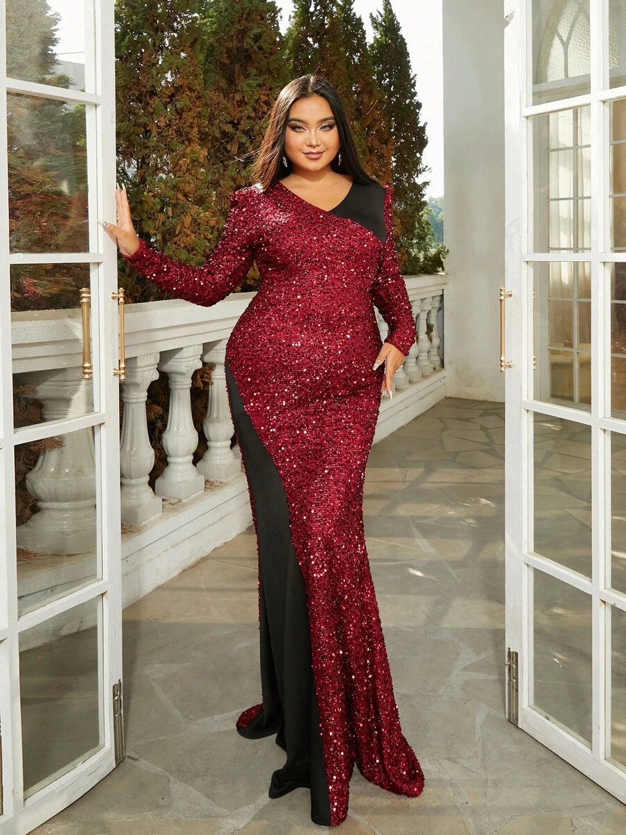 seomiscky 大码女式拼色拼接收腰鱼尾连衣裙，长袖 - 紅色 - 查看 1