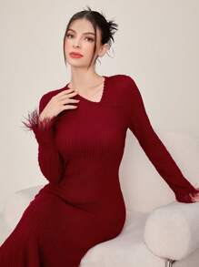 Modelyn Váy dài tay bồng bềnh màu đỏ tía - Màu Đỏ Sâu - Xem 4