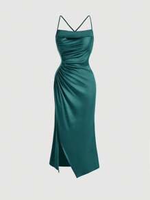 SHEIN Belle High Slit & Asymmetrical Hem & Ruched Detail Spaghetti Strap Dress - Dark Green - View 1