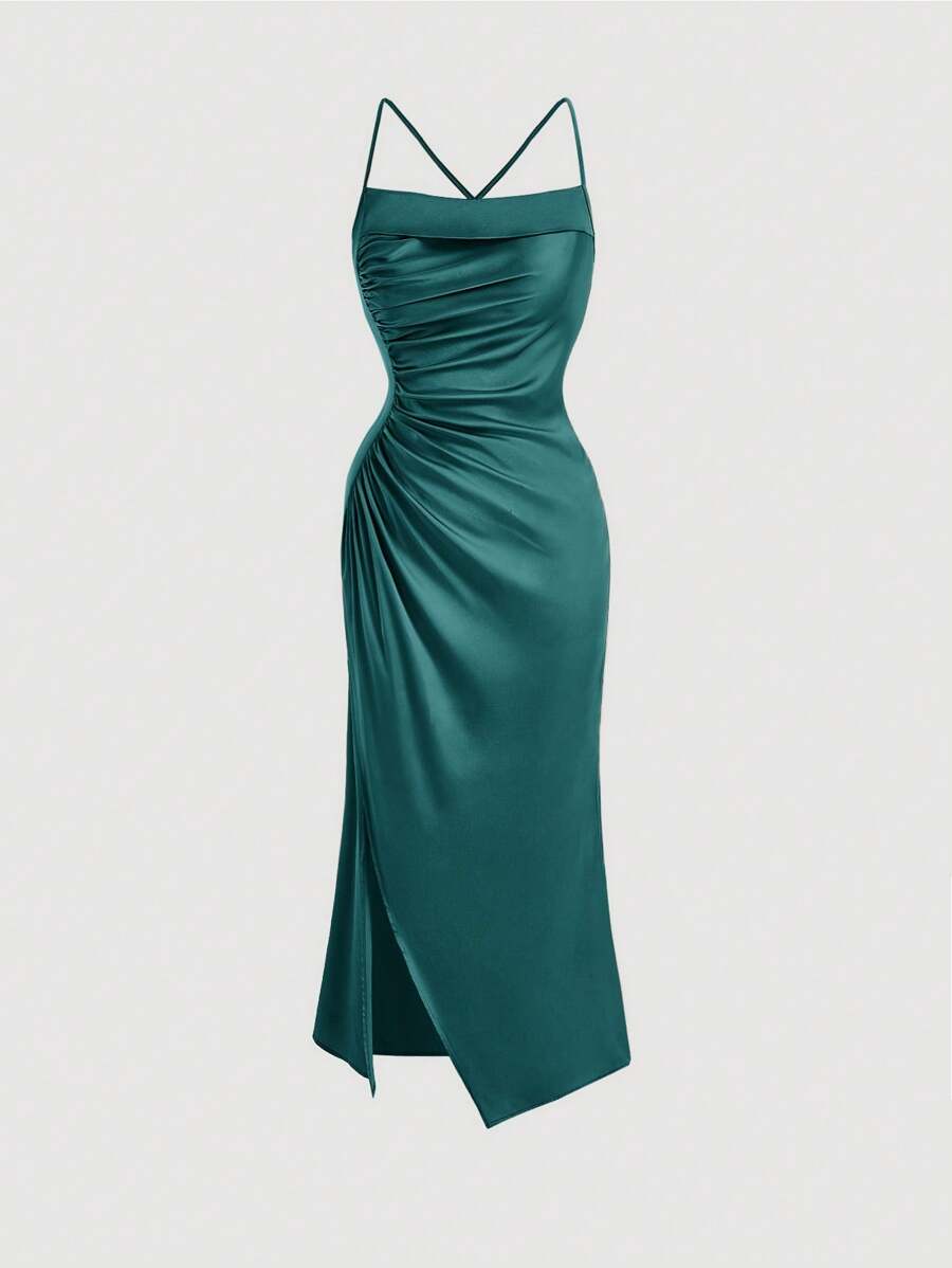 SHEIN Belle High Slit & Asymmetrical Hem & Ruched Detail Spaghetti Strap Dress - Dark Green - View 1