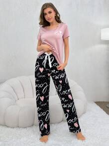 Cute Pink Women Pajama Set With Round Neck Top And Geometric Print Pants For Sleepwear - Pink - View 4