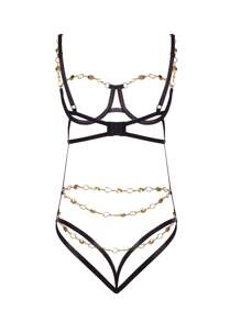 Conjunto De Lencería Sexy Ahuecado Decorado Con Cadena Sin Bragas - Negro - Ver 1