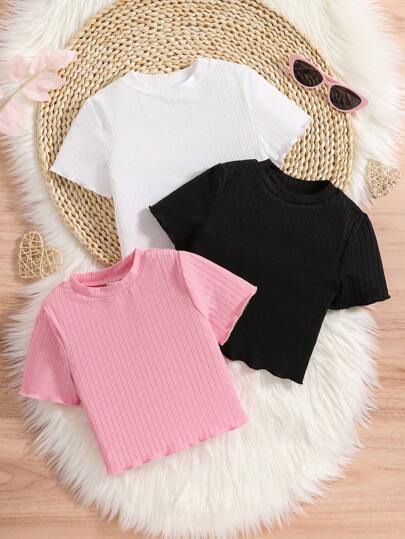 SHEIN Vintaside Kids Chica Joven 3 Piezas Camiseta Con Cuello Alto Y Mangas Cortas De Un Solo Color