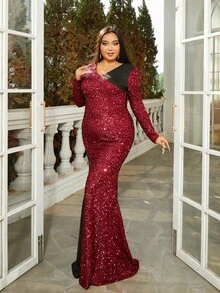 seomiscky 大码女式拼色拼接收腰鱼尾连衣裙，长袖 - 紅色 - 查看 4