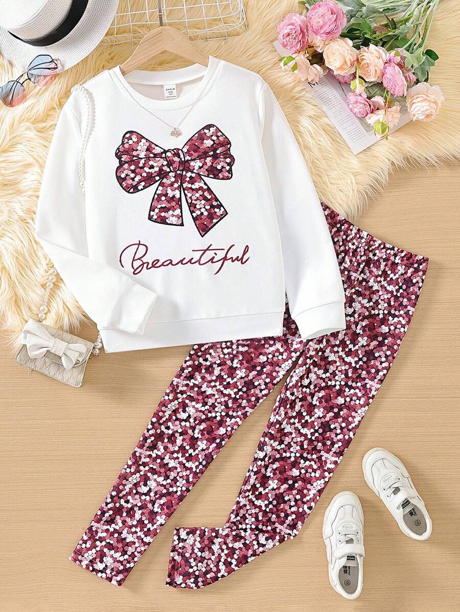 Sparklyn Tween Girl 2pcs Shiny Glitter Bowknot Long Sleeve Sweatshirt And Pants Set - Burgundy - View 1